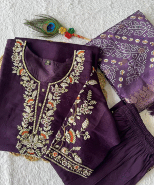 Dark Purple Roman Silk Designer Kurti Set with Embroidery & Lichi Silk Jacquard Dupatta – NF6057