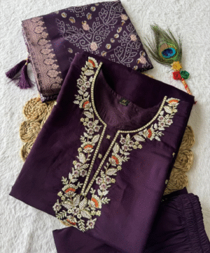 Dark Purple Roman Silk Designer Kurti Set with Embroidery & Lichi Silk Jacquard Dupatta – NF6057 (5)